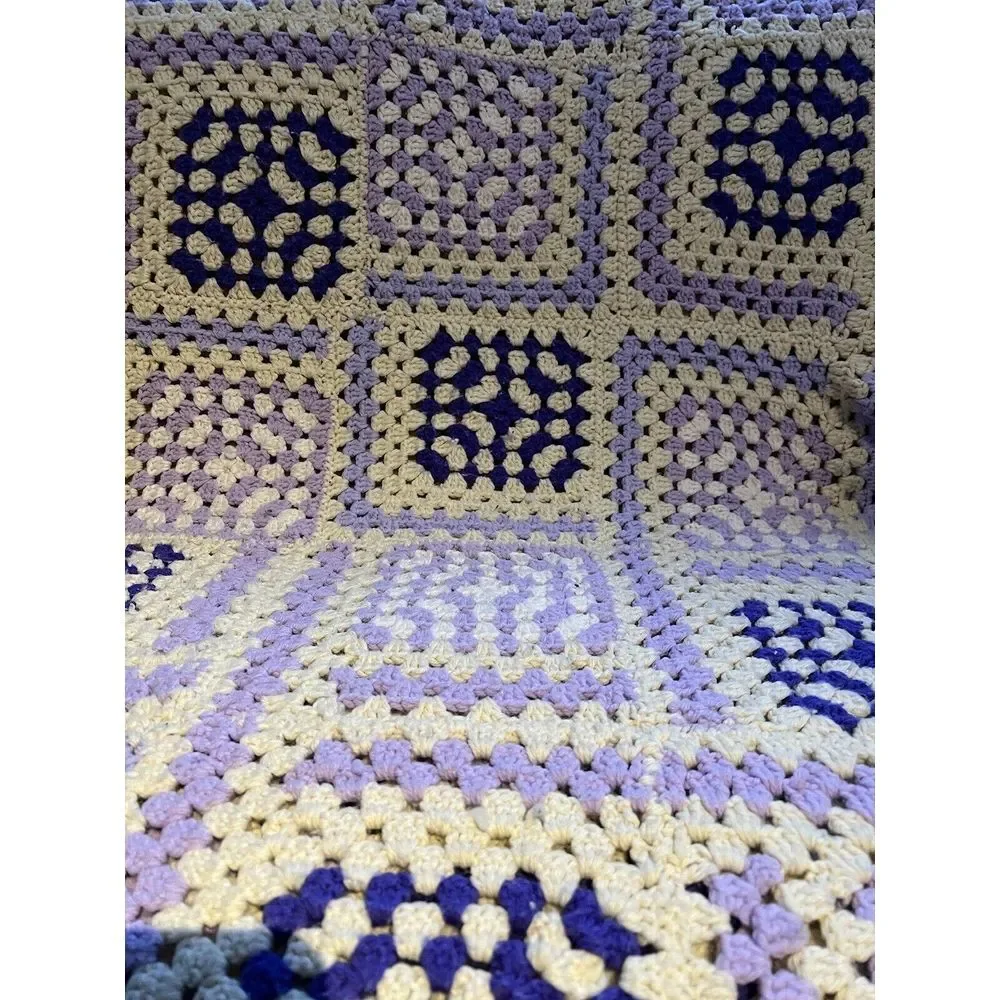 Vtg Purple White Crochet Handmade Afghan Throw Blanket Granny Square Style 48x64